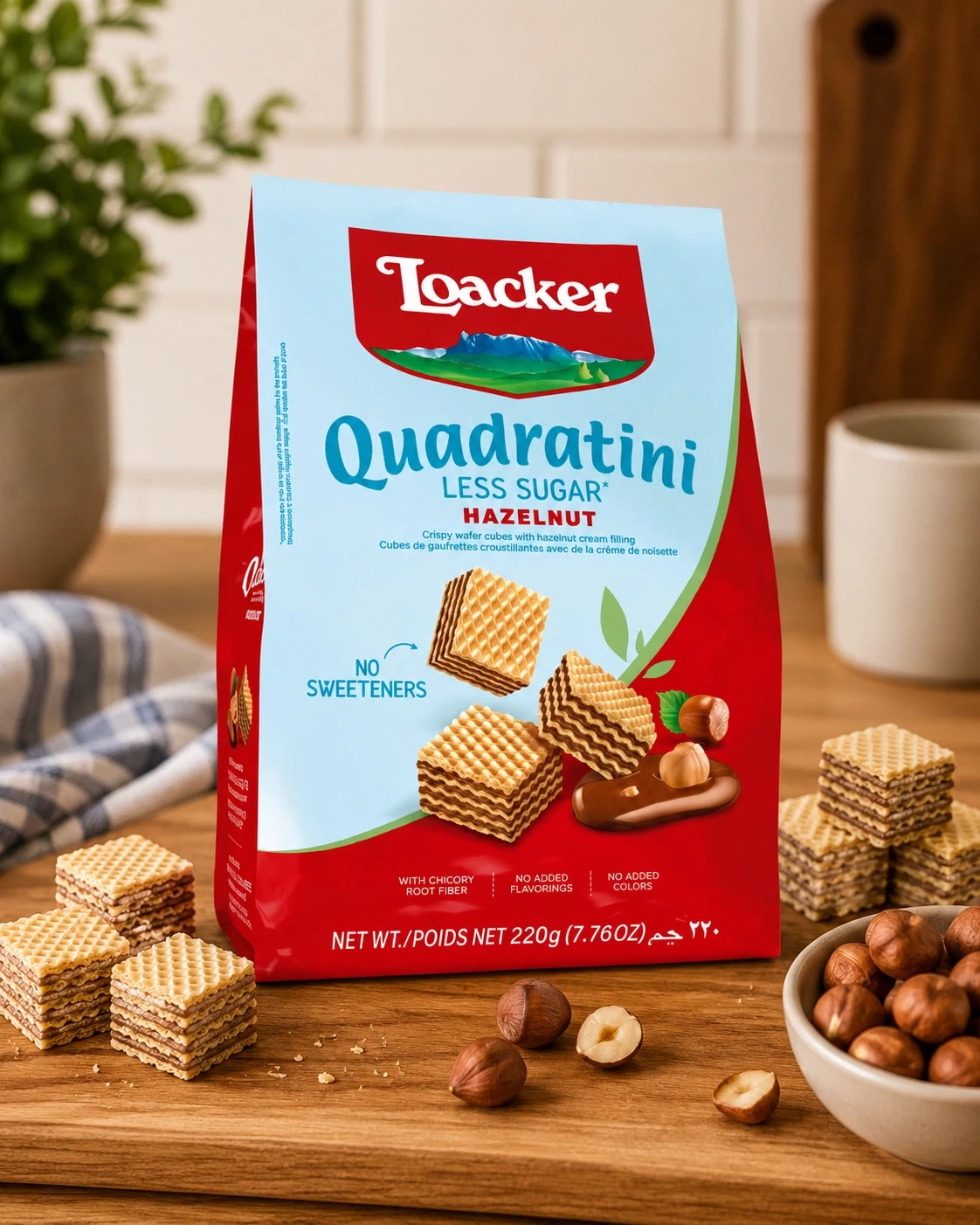 Loacker Quadratini Less Sugar Hazelnut Wafer Cubes 220g – Premium Italian Wafers in Lagos Nigeria