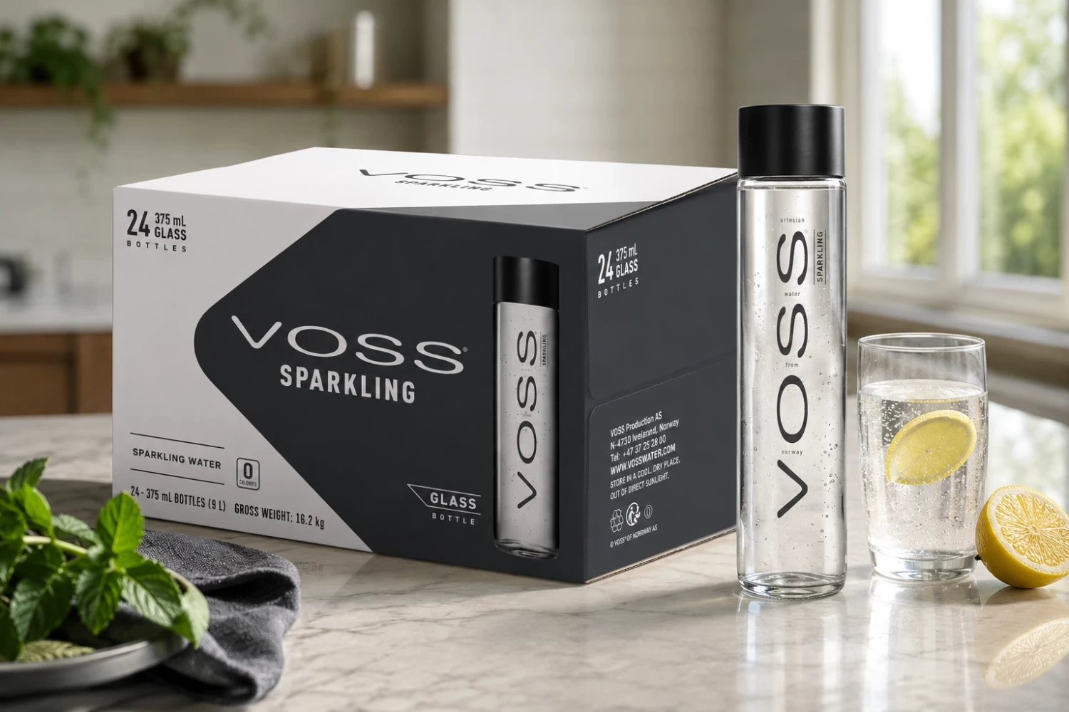 VOSS Sparkling Water Glass Bottles 375ml (Pack of 24) – Premium Carbonated Water in Lagos Nigeria