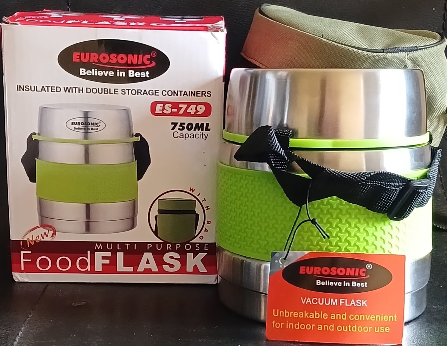 Eurosonic Multi-Purpose Flask Insulated With Double Storage Containers, 750ML Capacity