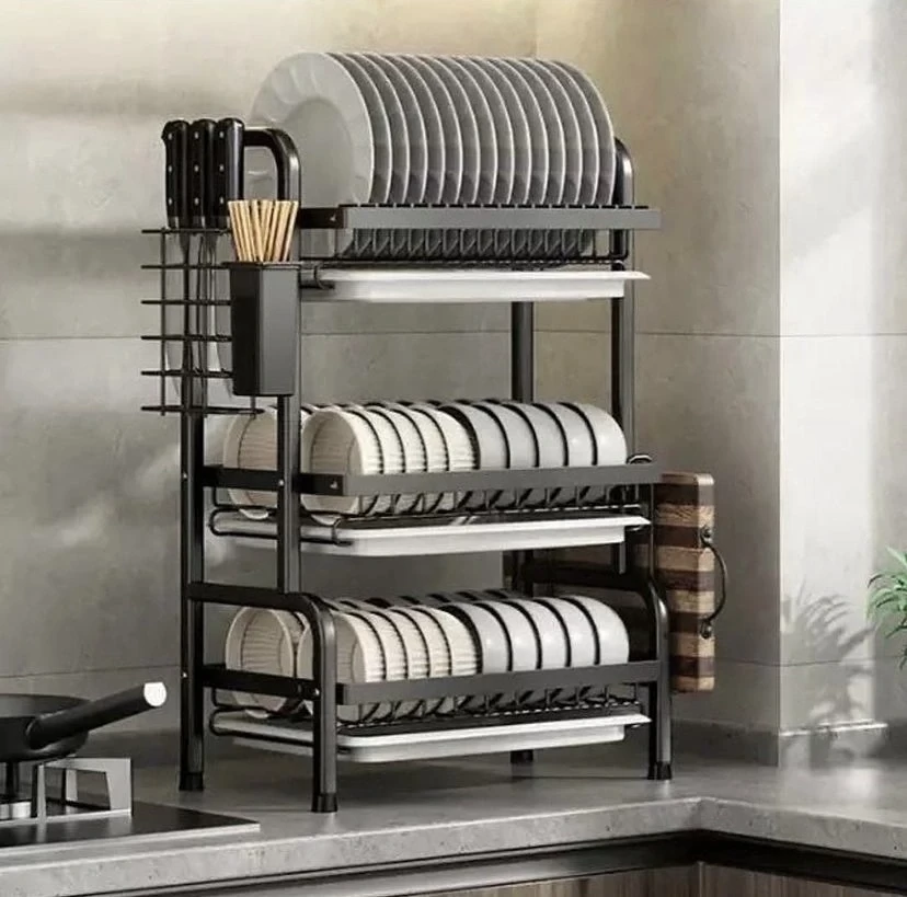 3-Tier Plate Rack Dish Drainer – Multi-Layer Kitchen Dish Drying Rack with Utensil Holder & Drain Tray (Space-Saving Organizer)