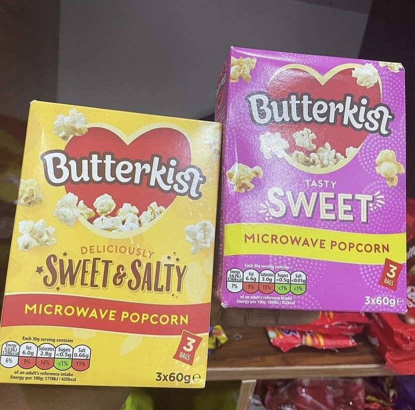 Butterkist microwave popcorn in sweet & salty and sweet